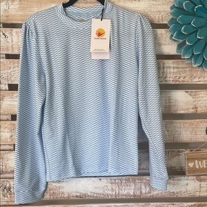 Marie Birdie long-sleeve shirt, light blue & white patterned top, crew neckline